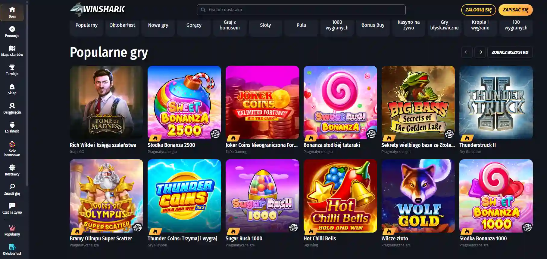 Nagłówek strony Winshark oraz menu nawigacyjne kasyna