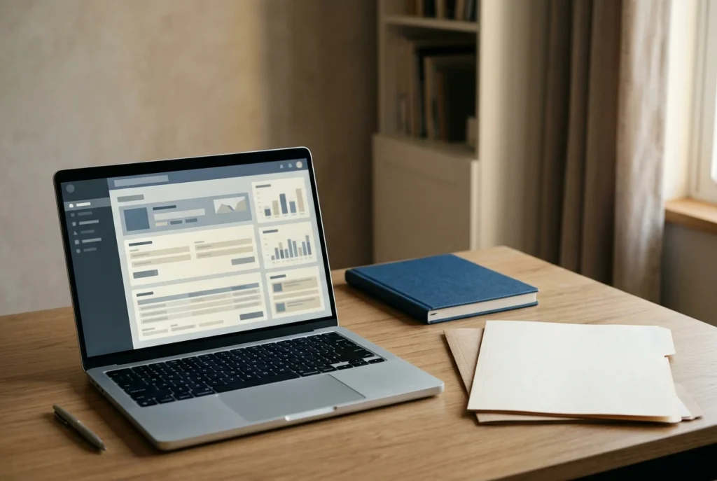Laptop, zamknięty notes i dokumenty ułożone na biurku obok lampy