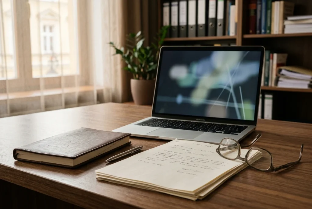 Dokumenty ułożone obok laptopa na biurku